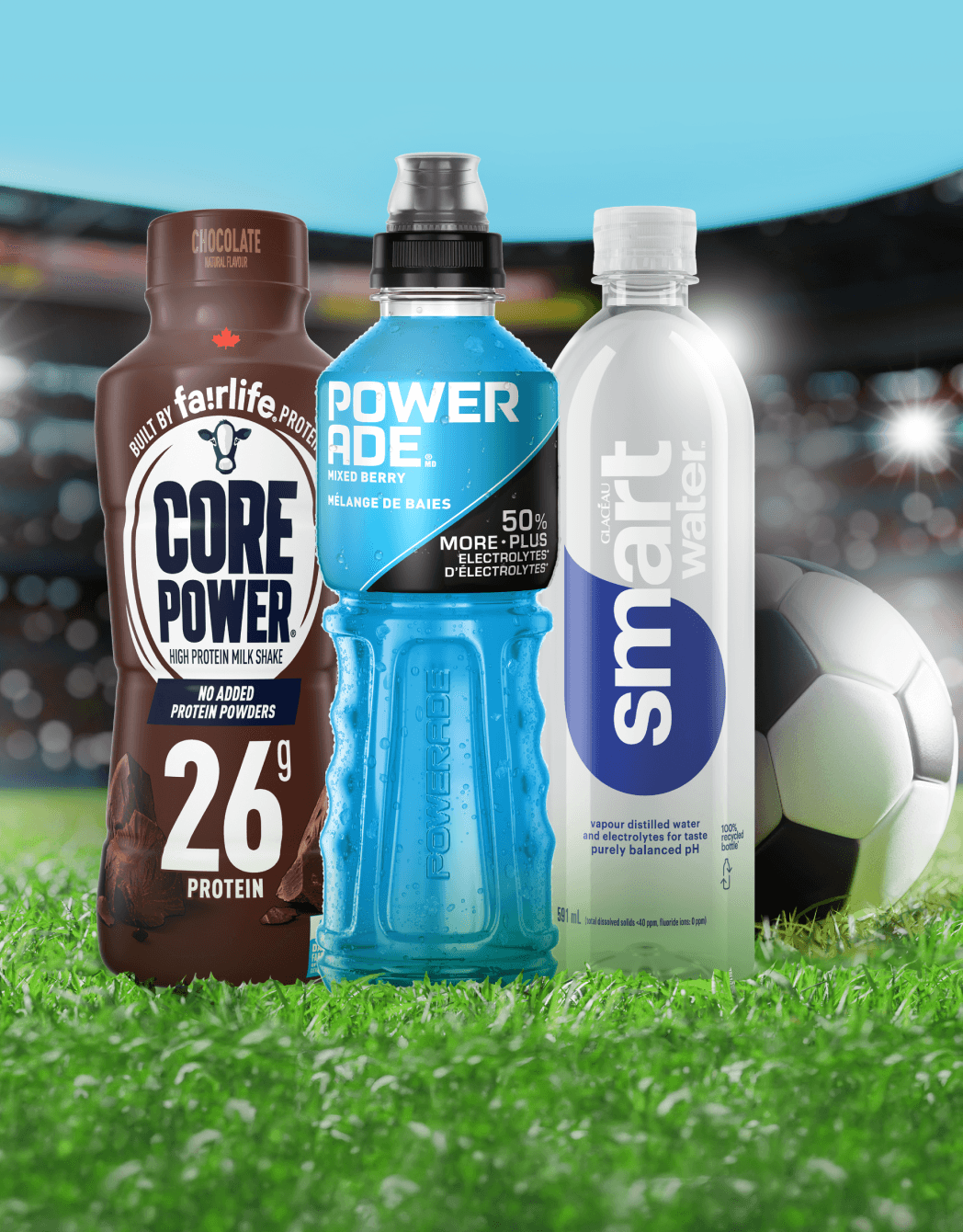 Core Power® Chocolate Shake, Powerade® Mixed Berry, and GLACÉAU smartwater®.