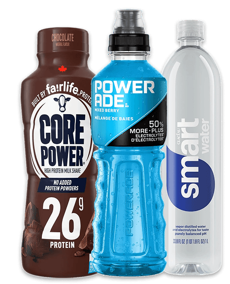 Core Power® Chocolate Shake, Powerade® Mixed Berry, and GLACÉAU smartwater®.